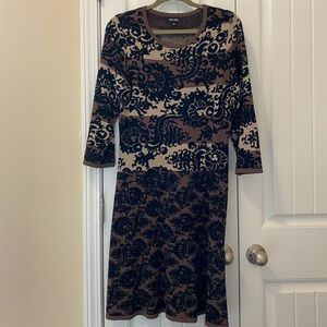 Nine West A line sweater dress, attractive print, black, tan, brown, cream